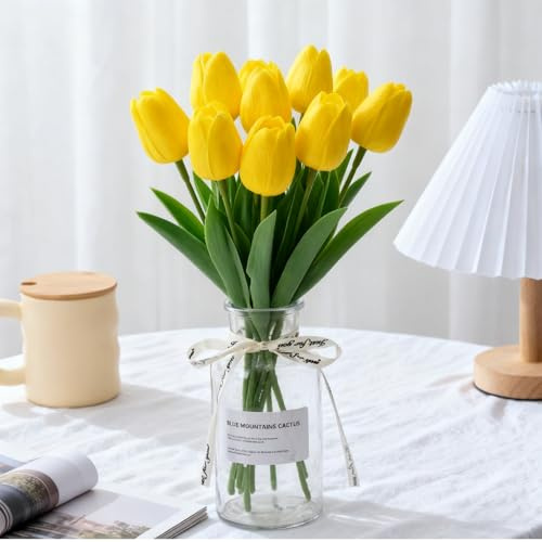 Probuk 10 Stück Gelbe Künstliche Tulpen Strauß - Symbol für Fröhliche Freundschaft & Sonnige Grüße, Kunstblumen Deko für Büro, Wohnzimmer, Frühlingsdekoration