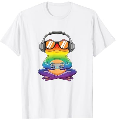Rainbow Gamer Frog with Headphones Cute Chill Gaming Cartoon Maglietta