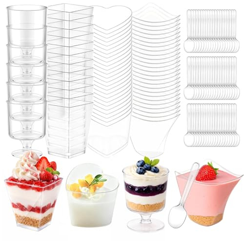MoguGo 80 Stück Dessertgläser aus Plastik mit Löffeln, 4 Verschiedene Designs, Wiederverwendbare Dessertbecher für Pudding, Mousse, Eis, Fingerfood, Party & Geburtstag
