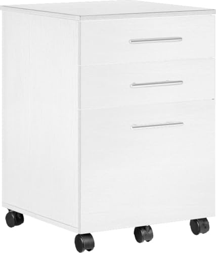 Rollcontainer mit 3 Schubladen, Aktenschrank auf Rollen für Büro & Home Office (Weiß)