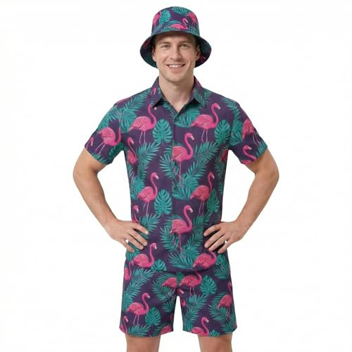 SERTAS Hawaii Hemd Männer, Hawaii Outfit Herren 3 Stück Set,Hawaiihemd und Shorts und Fischerhut,Freizeit Urlaub Strand Hemd Set