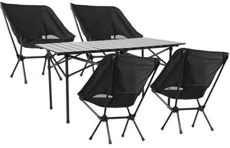 Fukursul Campingzubehör Komplettset: Tisch Und 4 Stühle, Extra Breite Sitzflächen Für Langzeitkomfort – Faltbar, Leicht Zu Reinigen, Vielseitig Nutzbar Schwarz 120 cm