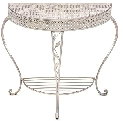 FQMYLTYN Outdoor Patio Console Table with Shelf, 2 Tier Half-Moon Garden Accent Table, Vintage Metal Decorative Plant Stand, for Entryway, Hallway, Balcony, Porch(White)