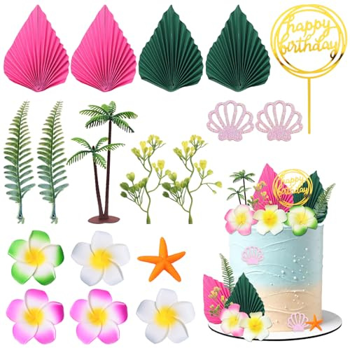 Déco Gâteau Hawaïen 18 Pièces Décoration Gâteau Tropical Cake Topper Été Feuilles de Palmier et Fleurs pour Décorer Les Gâteaux d'Anniversaire et de Fête (A)