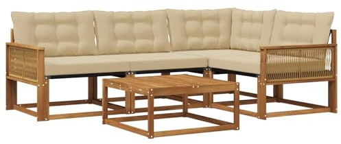 vidaXL Outdoor-Sofagarnitur mit Kissen 5 pcs Natur und Beige, Moderne Garten-Sofa-Garnitur, langlebige Möbel, schicker Akazienholz-Sitz, Bequeme Terrassen-Lounge