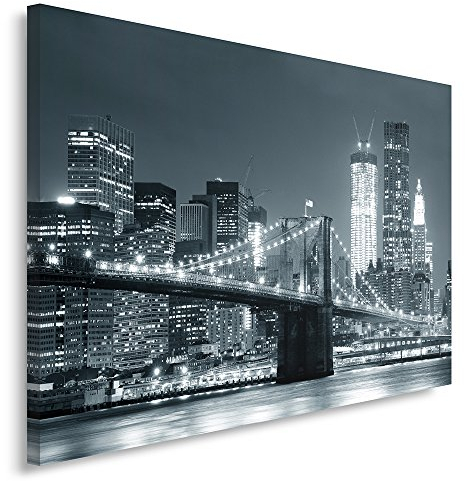 Feeby, Leinwandbild, Bilder, Wand Bild, Wandbilder, Kunstdruck 80x120cm, BRÜCKE, Stadt, Nacht, New York, Brooklyn Bridge, SCHWARZ UND WEIß