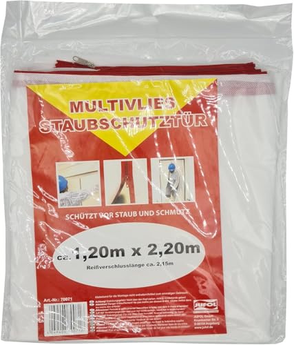 JUFOL Staubschutztür ca. 2,20 x 1,20 m (Reißverschluß I-Form, beidseitig schließbar, weiß, aus PP-Vlies, einfache Montage, Staubschutz) 70071