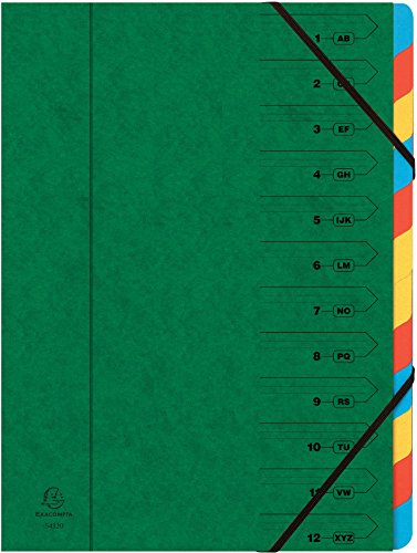 Exacompta 54123E Premium Ordnungsmappe geheftet. Aus extra starkem Colorspan-Karton DIN A4 12 vollfarbige bunte Fächer und 2 Gummizüge mit Organisationsdruck Ringmappe Register-Mappe grün