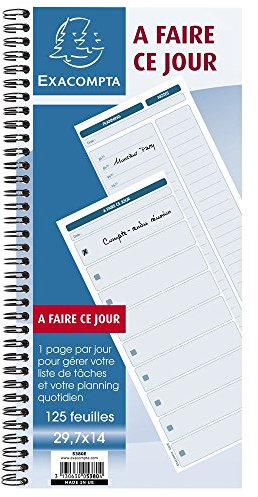 Exacompta - Réf. 5380E - 1 carnet spiralé A faire ce jour - avec liste des tâches en page droite et planning horaire en page de gauche - 125 feuilles - format 297 x 140 mm - certifié PEFC