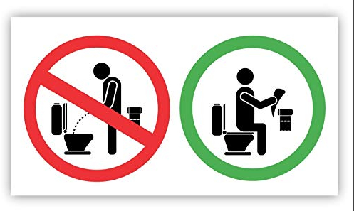 6 Stück - Folienaufkleber Bitte im Sitzen pinkeln Please sit down, Größe ca. 14,8 x 8,0 cm - (Auf-518) Toiletten Aufkleber WC Bad Klosett Klo im Sitzen benutzen nicht im Stehen