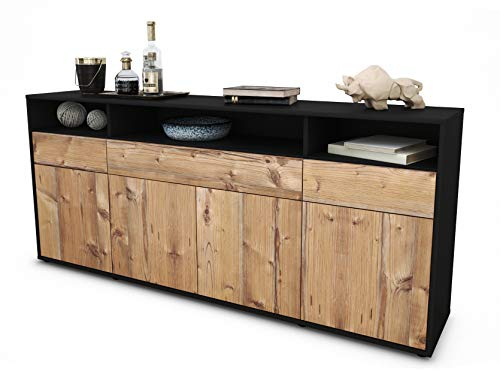 Stil.Zeit Sideboard Ezia, Korpus anthrazit matt, Front Holz-Design Pinie (180x79x35cm) Push-to-Open Technik & Leichtlaufschienen