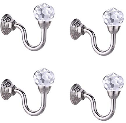 IMIKEYA 4 Pcs Clear Crystal Curtain Rope Holdbacks Wall Mounted Tassel Curtain Tieback Hook Multi Use Wall Hook Coat Hanger with Screws(Silver)