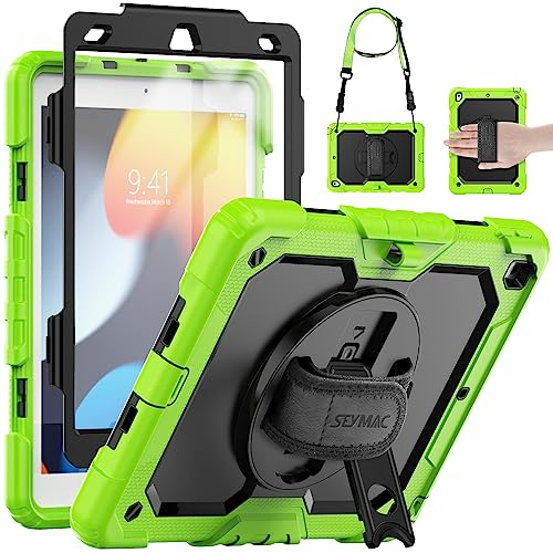 SEYMAC Case for iPad 9th/8th/7th Generation 2021/2020/2019 10.2 inch, Shockproof Case with Screen Protector, 360 Degree Rotating Stand/Hand Strap, Pen Holder for iPad 10.2 Inch, Green