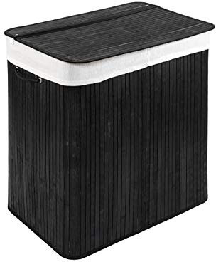 Panier à linge avec couvercle et compartiment - solide boîte à linge en bambou - Panier à linge noir avec sac à linge, lavable - 100% bambou - 72 litres