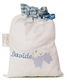 Sacco nascita - Sacchetti primo cambio per ospedale per la nascita con ricamo disegno e nome personalizzabile Neo Mamma (celeste)