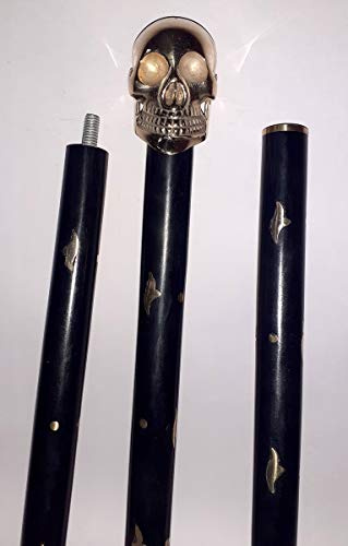 Vimal Nautical Gehstock, Massives Messing und Holz, Vintage-Design, Totenkopfkopf, Zusammenklappbar, 91,4 cm, Mit Messinggriff, Goldfarben und Schwarz, Für Damen und Herren
