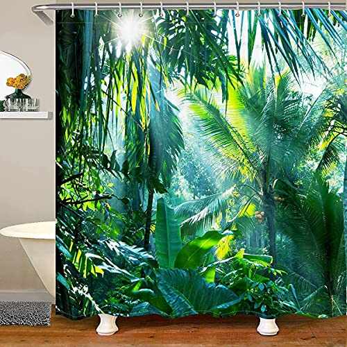 Bananenblätter Duschvorhang 180x180cm Tropische grüne Blätter Duschvorhang Textil Botanische Pflanzen Palmenblätter Badewanne Duschvorhang Wasserdicht für Eck Dusche und Kleine Badewanne Badvorhang