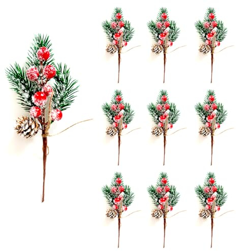 RXXR Lot de 10 branches de pin artificielles à feuilles persistantes - Baies de Noël - Tiges de houx - Décorations artisanales - Flocons de neige