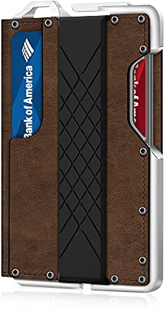 MURADIN Porte Feuille Homme Tactique Minimaliste, Porte Cartes Mince en métal Anti-RFID-B, Porte Carte Cuir Homme à Deux Volets pour Poche Frontale avec Pince à Billets (Chocolat)