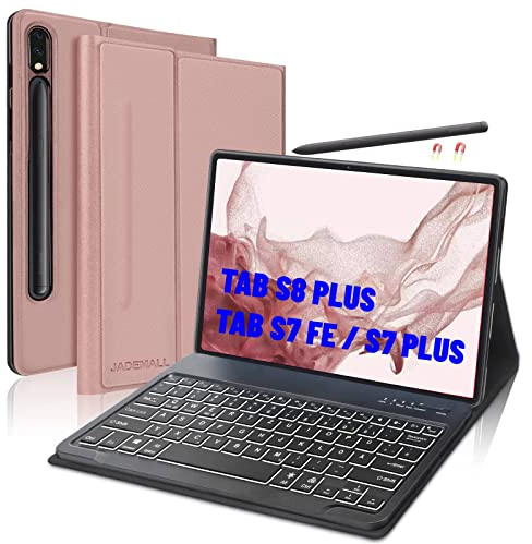 JADEMALL Tastatur Hülle für Samsung Galaxy Tab S8 Plus/S7 Fe/S7 Plus 12,4 Zoll 2021, Magnetisch QWERTZ Deutsch Beleuchtete Bluetooth Tastatur mit Hülle für Samsung Tab S7 Plus/Tab S7 FE (Roségold)