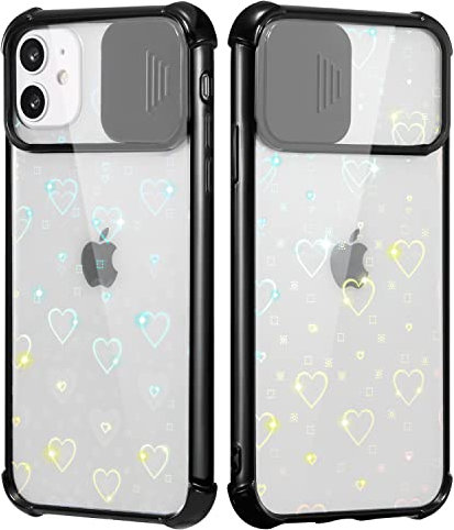 UEEBAI Case for iPhone 11 6.1 inch with Camera Cover, Slim Glitter Laser TPU Case Slide Camera Lens Transparent Shockproof Protective Cover for iPhone - Black