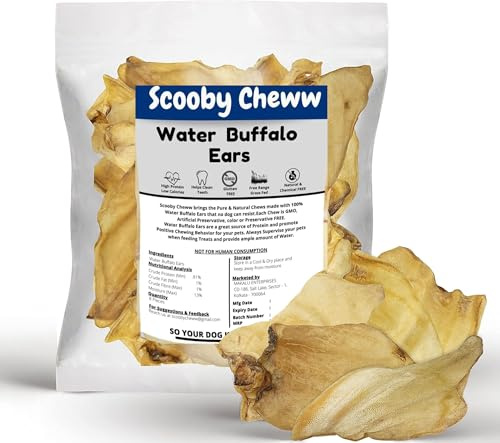 100% Natural 12 Count Cow Ears for Dog, High Protein Beef Ears for Rawhide Dog Treat Grass Fed Water Buffalo Ears for Dog Suitable for Small, Medium & Large Breeds Dogs Chews Beef Treat Sticks 12 Pack