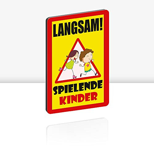 XXL Langsam ! spielende KINDER Schild 30 x 40 cm Alu 3mm Alu-Dibond stabile Aluminiumverbundplatte mit UV-Schutz von STROBO