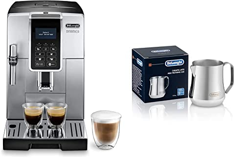 De'Longhi Dinamica ECAM 350.35.SB Kaffeevollautomat mit Profi-Milchaufschäumdüse, Klartext Digitaldisplay, 2-Tassen-Funktion, Silber & Milchkännchen DLSC060, 350 ml, Edelstahl
