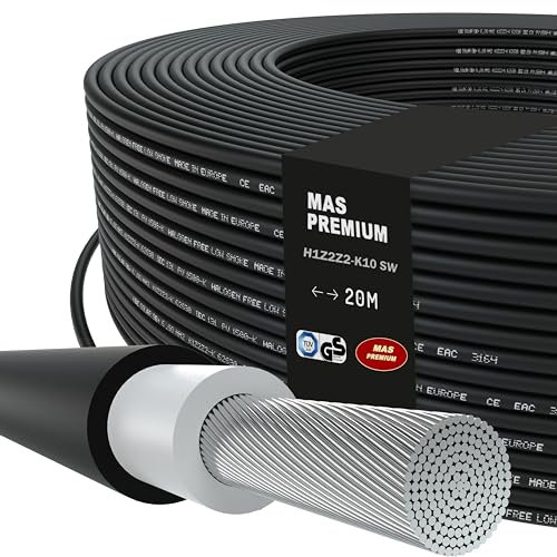 MAS-Premium Solarkabel H1Z2Z2-K, Solarleitung 10mm², TÜV-2 zertifiziert, Halogenfrei, doppelt isoliert. Frei bewegliche oder feste Verlegung in Photovoltaikanlagen. Länge: 5 bis 200m (Schwarz, 20m)