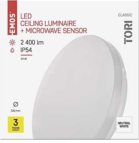EMOS LED-Deckenleuchte TORI 24 W mit MW-Sensor, wasserdicht für Außen und Innen, Helligkeit 2400 lm, neutralweiß 4000K, Deckenlampe für Flur, Bad, Küche, Balkon, Terrasse, rund, 33 cm, ZM4329