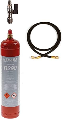 M Shop Italia R290 bouteille 370 gr. + tuyau 90 cm 1/4 F-1/4 F avec primvalvoline pour recharge Réfrigérateurs séchoirs caves