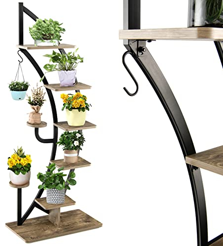 RELAX4LIFE Porte-Plante Étagère à Fleurs à 5 Niveaux Cadre en Fer Robuste et Crochet, Décoratoin Intérieure pour Salon Balcon, 60X30X155CM (Arc | Naturel, lot de 1)