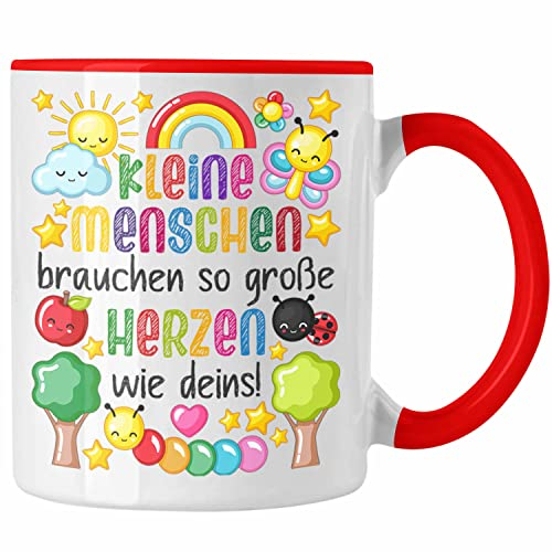 Trendation - Erzieherin Tasse Geschenk Danke Dankeschön Abschiedsgeschenk Beste Kindergärtnerin Spruch Kleine Menschen Brauchen Dein Herz (Rot)