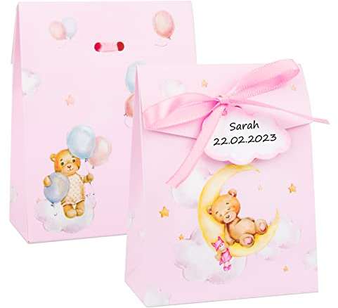 50 Pcs 8x4x10cm Geschenkbox Rosa Niedliche Bärchen Papierschachtel mit Geschenkanhänger und Bänder Süßigkeiten Kasten Bonbons Geschenkschachtel für Taufe Hochzeit Geburtstag Babyparty usw.