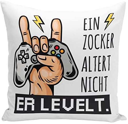 Tassenbrennerei Kissen mit Spruch - EIN Zocker altert Nicht er levelt - Gaming Deko lustig - Geburtstagsgeschenk für Gamer