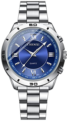 JewelryWe Herren Uhren Analog Quarz 30M Wasserdicht Armbanduhr Klassisch Römische Ziffern Edelstahl Armband Partner Freundschaft Uhr mit Leuchtend Zeiger und Uhrenwerkzeug Blau