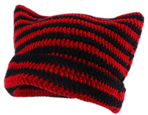 Damen Winter Katzenohren Hüte Strickmütze Weiche Slouchy Gestreifte Strickmütze Trendige Warme Gehäkelte Geflochtene Strickmützen Häkelmütze Katze Hut Vintage Mütze Geflochten Mütze (06-Red, One Size)