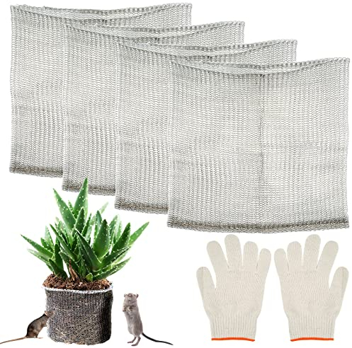 Wurzelschutz aus Edelstahl - Vaktop 4 Stück Wühlmauskorb mit Handschuhe, Wurzelschutz Netzbeutel, Drahtkörbe Pflanzenwurzelschutz - für Pflanzen, Gemüse, Beeren Wurzelschutz (35 x 35 cm)