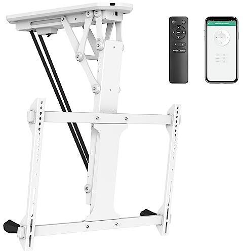 Mount-It! Soporte eléctrico de techo para TV con control remoto y aplicación, soporte de techo inclinado abatible motorizado para televisores de pantalla plana de 32 a 70 pulgadas, color blanco