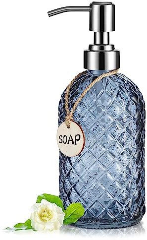 MOCLIF Transparenter Seifenspender Mit 304 Edelstahl-Pumpe für Badezimmer, Küche - Nachfüllbarer Flüssigglas-Spender für Handseife, Spülseife, Lotion, 473 ml (Blaugrau)
