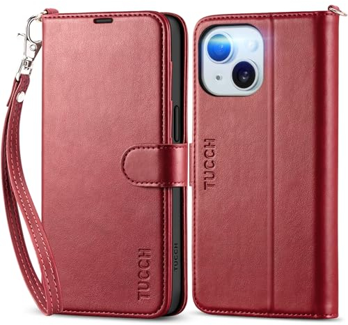 TUCCH Wallet Case for iPhone 15 (6.1) 2023 5G, Magnetic PU Leather Foldable Case with Wrist Strap, RFID Blocking, Credit Card Holders, Shockproof TPU, Protective Stand Cover for Women Men, Dark Red