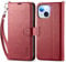 TUCCH Wallet Case for iPhone 15 (6.1) 2023 5G, Magnetic PU Leather Foldable Case with Wrist Strap, RFID Blocking, Credit Card Holders, Shockproof TPU, Protective Stand Cover for Women Men, Dark Red