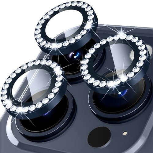KoGiio Pellicola Fotocamera per iPhone 15 Pro/iPhone 15 Max, Vetro Temperato 9H Anti Graffio Protezioni per Obiettivi, Diamante di Cristallo, HD Lega Alluminio Lente Protezione - Blu