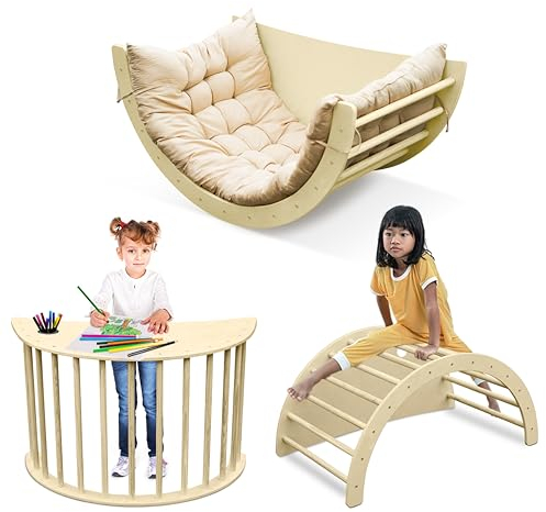 Teedum Arco de Escalada Montessori 3 en 1 para Niños - Triángulo de Escalada en Forma de Arco Montessori, Certificado CE, Estructura de Actividades, Módulo de Motricidad + Cojín Incluido