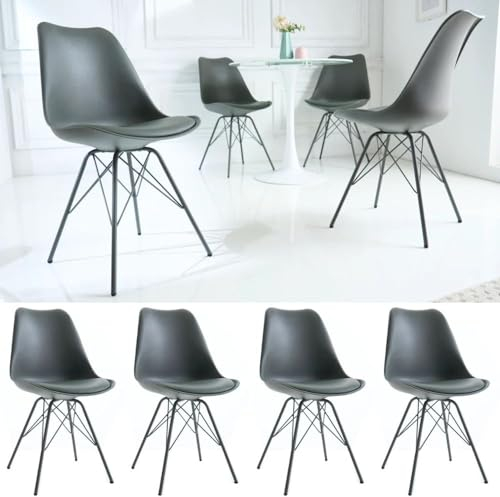 LEBENSwohnART 4er Set Design-Klassiker Stuhl Norway grau Retro graues Metallgestell