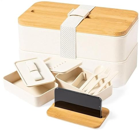 Generic Portapranzo PERSONALIZZATO CON INCISIONE LASER con capacità di 1,4 Lt DOPPIO SCOMPARTO e design quadrato. Con coperchio ermetico in bambù, chiusura con elastico. (Doppio scomparto)