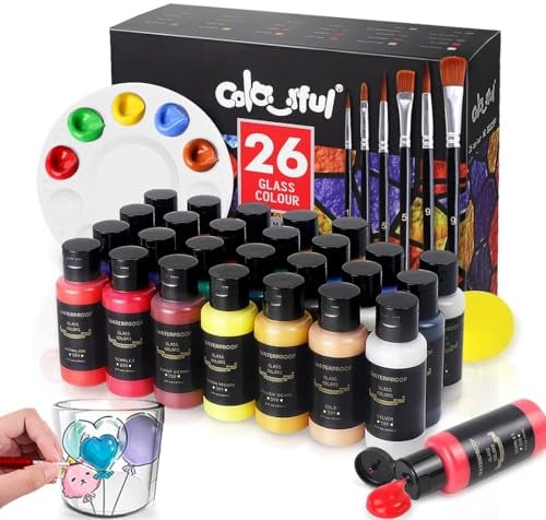 CHUMIRRY KIDS 26 Colors Glass Paint Base for Superior Glass Art Paint, Waterproof Window Enamel Painting Kit, with 6 Brushes and 1 Palette and Sponge
