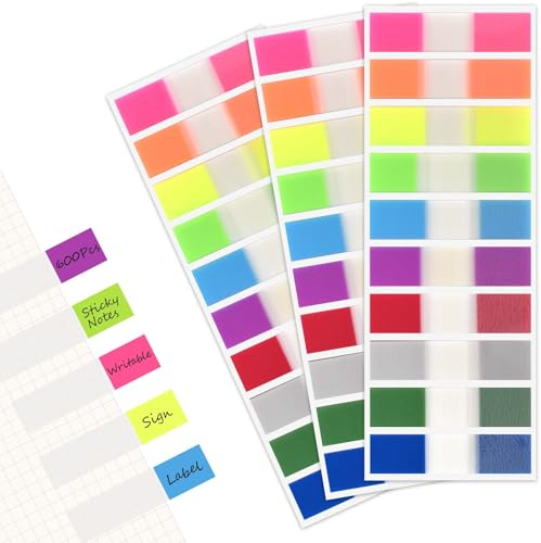 DEARBAG 600 Stück Haftstreifen, (10 Farben, 45 x 11mm) 3er Pack Schreibbare Klebezettel Haftmarker Film, Sticky Notes, Haftnotizen Index Tabs für Seitenmarkierungm, Textstreifen Page Marker