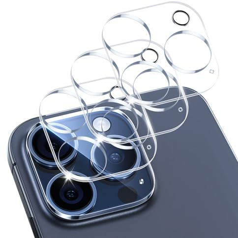 3 Unidades Protector de Lente Cámara para iPhone 15 Pro/iPhone 15 Pro Max, Paquete de Templado Ultra HD 9H, Transparente y Resistente a Arañazos, Ultra Resistente, Instalación Fácil y Rápida