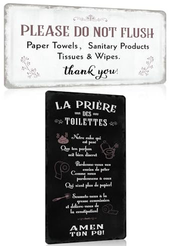 Lot de 2 - Decoration Murale Toilettes en Plaque Metal - Panneau Vintage avec Humour Citation Français - LA PRIÈRE DES TOILETTES - WC Drôle Panneau Pancarte Pour Maison Salle de Bain 15x30cm